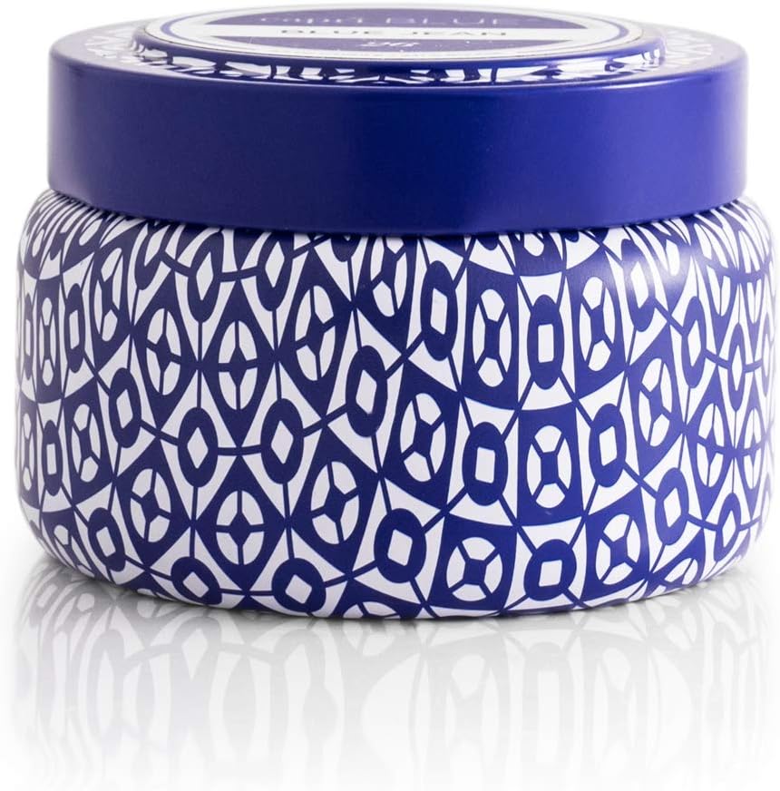 Capri Blue Volcano Printed Travel Tin Jar Candle - Luxury Candle with a Long Lasting Soy Wax Blend - Scented with Tropical & Fruity Fragrance (White Color, 8.5 oz)