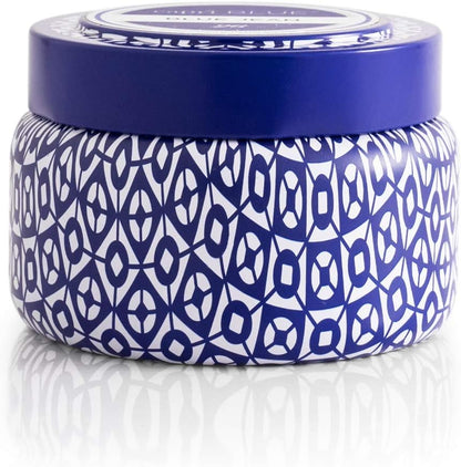 Capri Blue Volcano Printed Travel Tin Jar Candle - Luxury Candle with a Long Lasting Soy Wax Blend - Scented with Tropical & Fruity Fragrance (White Color, 8.5 oz)