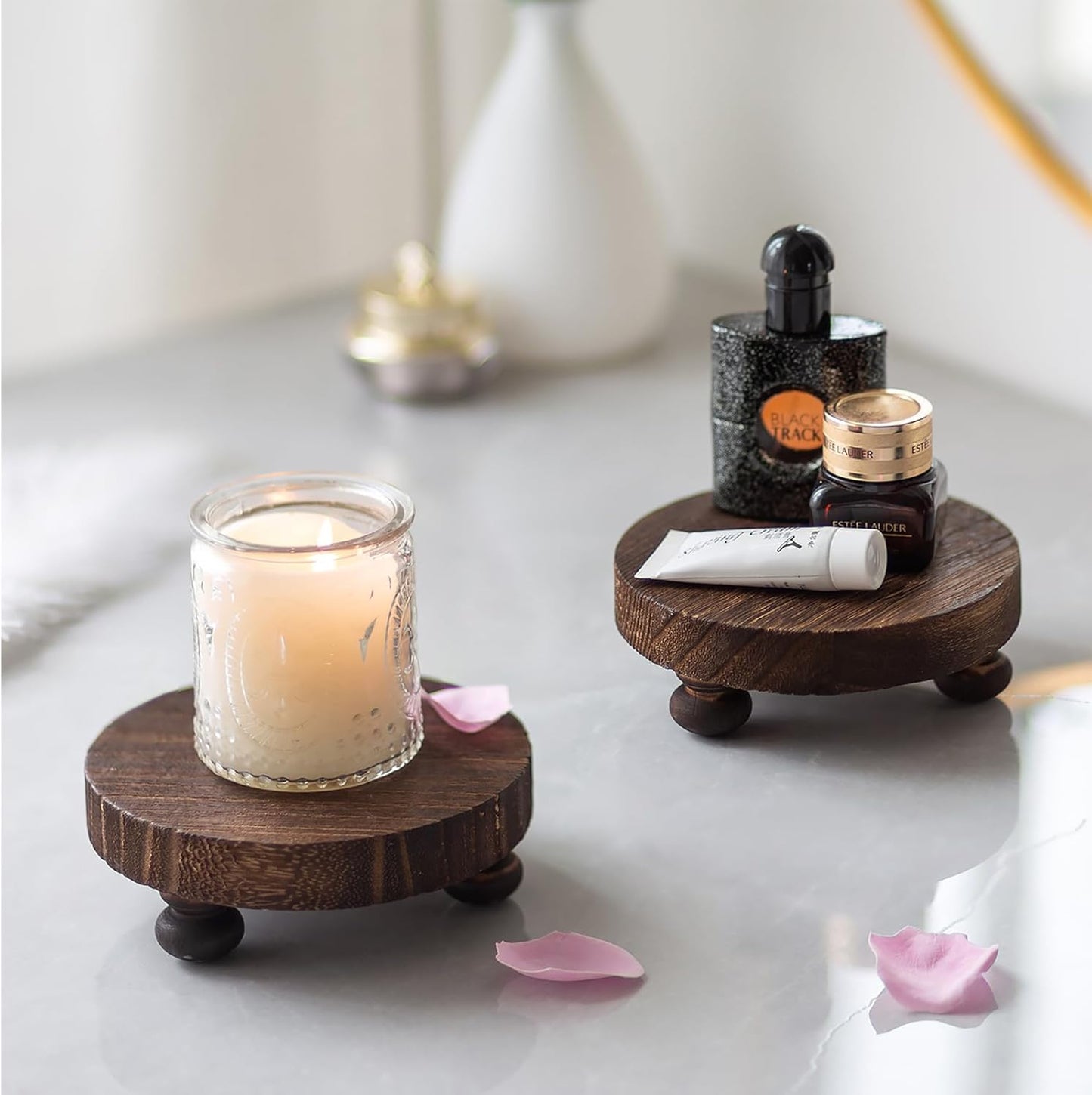 Romadedi Farmhouse Wood Riser for Display- 2 pcs Rustic Decor Mini Wooden Pedestal Decorative Round Tray for Home Table Bathroom Counter Shelf Kitchen, Brown