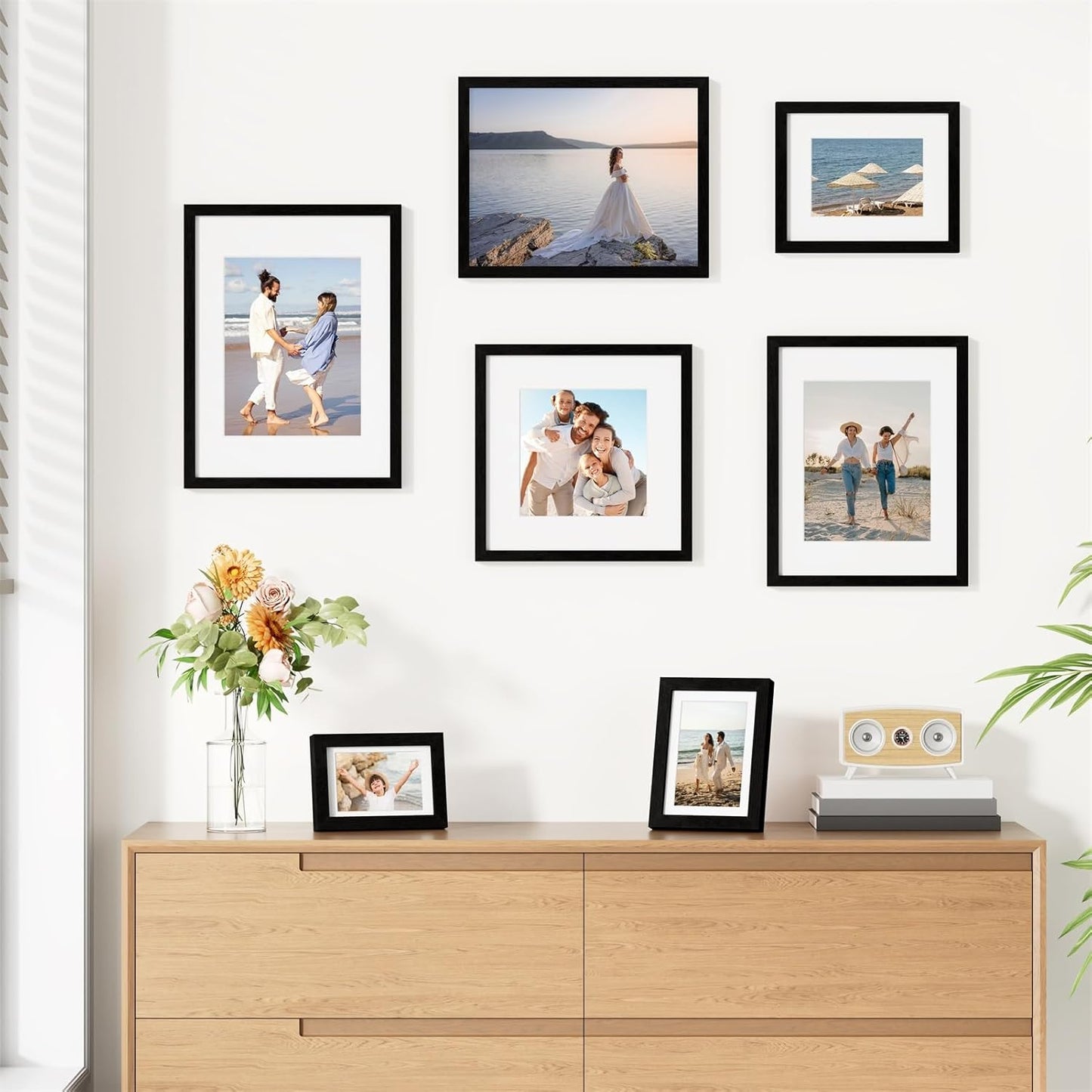 Vittanly 8x10 Picture Frames Set of 9, Shatter Resistant Plexiglass, Display 5x7 Pictures with Mat or 8x10 without Mat, Photo Frames for Wall or Tabletop, Engineered Wood, Black - Colors A