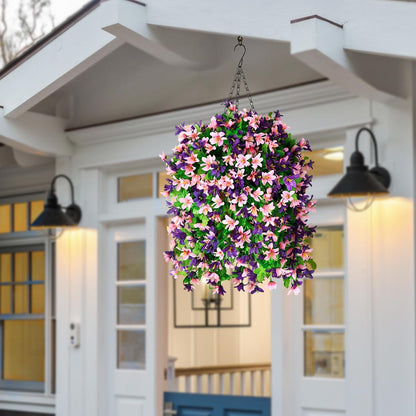 INQCMY Artificial Fake Hanging Plants Flowers Basket for Spring Summer Outdoor Outside Porch Decoration,UV Resistant Faux Silk Violet in Planter for Home Patio Balcony Garden Yard Decor(Red)