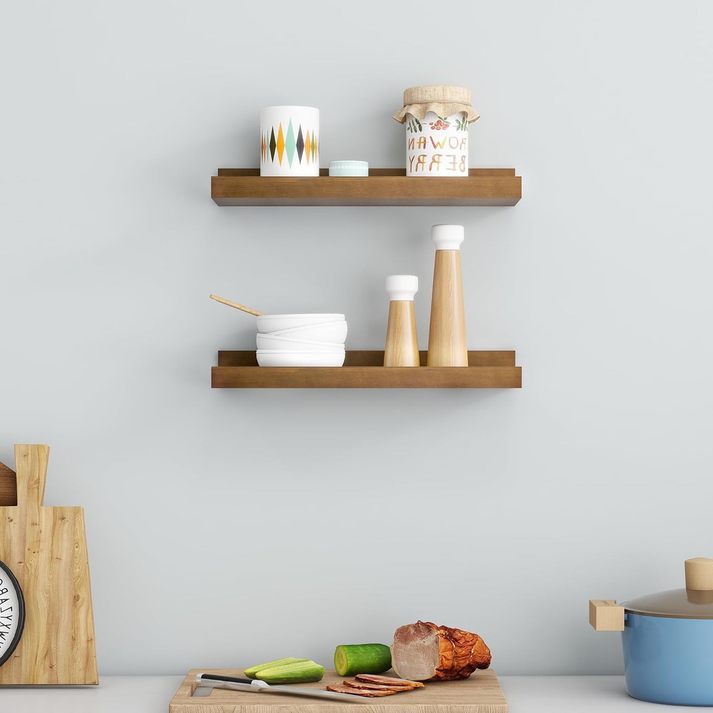 FLYJOE Picture Ledge Shelf, Floating Shelves Set of 2, Solid Pine Wood 55'' Long Large Nursery Book Shelves for Toys Storage, Kids Bookshelf for Living Room Bedroom Decor Books Photo Frames, Walnut