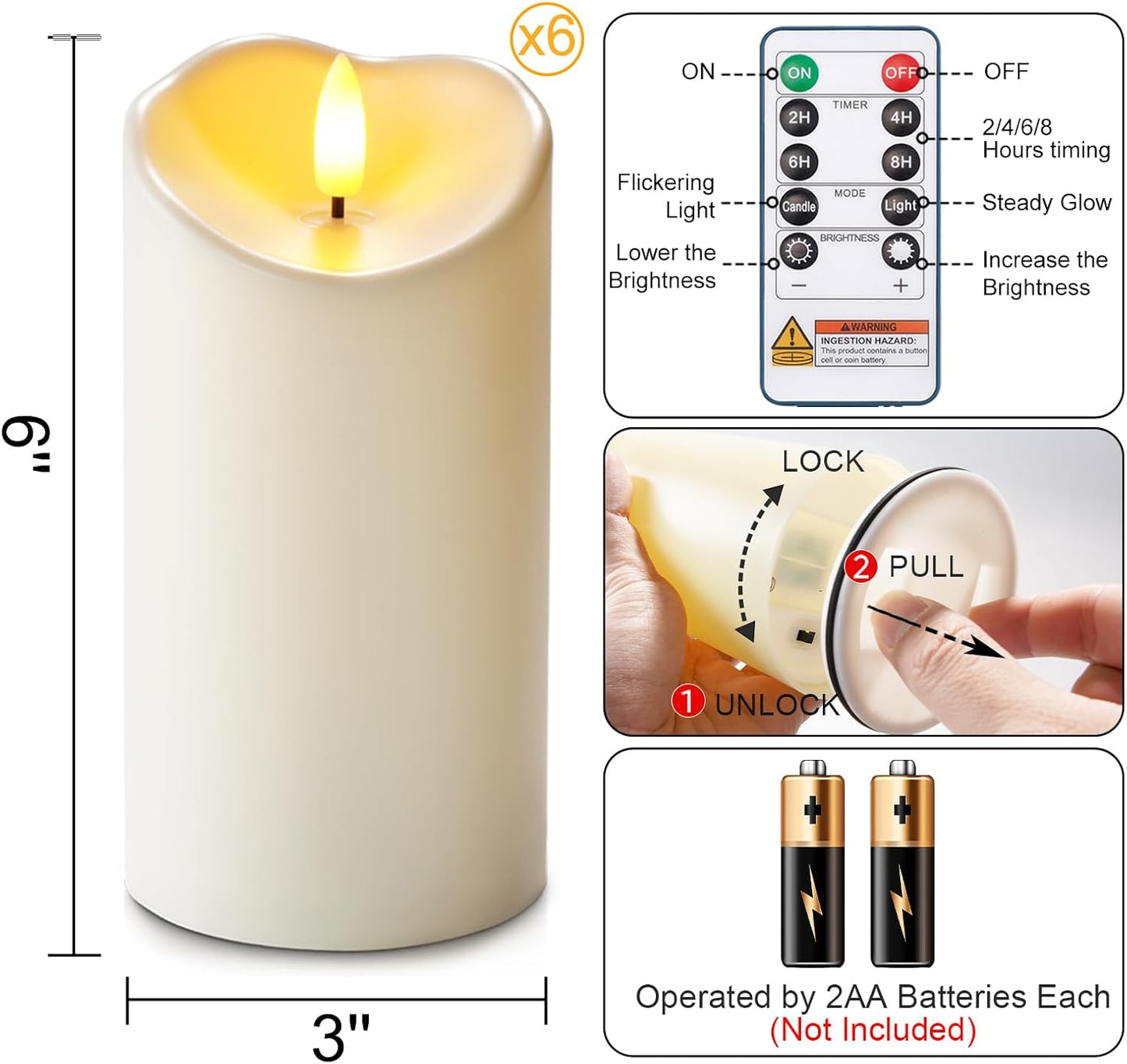 Homemory 6"x3" Outdoor Waterproof Flameless Candles, LED Candles, Battery Operated Candles with Remote and Timers, Electric Fake Plastic Pillar Candles, Ivory White, Set of 2