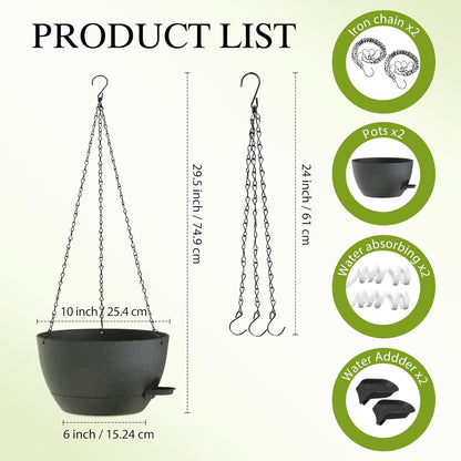 12 Inch Hanging Baskets 2 PC with Chains, Self-Watering Hanging Planters for Indoor Outdoor Plants, Plastic Hanging Flower Pots,Black