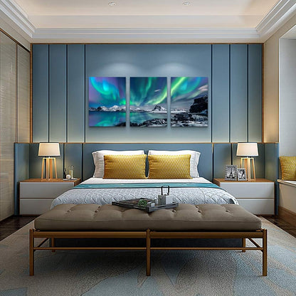 MHARTK66 Wall Art for Bedroom Wall Decor for Living Room Office Decor Abstract Mountain Aurora Landscape Painting 3 Piece Scenic Framed Canvas Art Prints Ready to Hang Kitchen Wall Pictures Home Decor