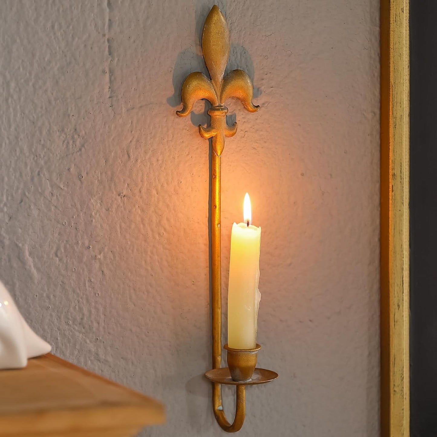 Fleur De Lis Wrought Iron Candle Sconces Set of 2, Rustic Candle Holders Hanging for Living Room Farmhouse Fireplace Wedding (Antique Copper)