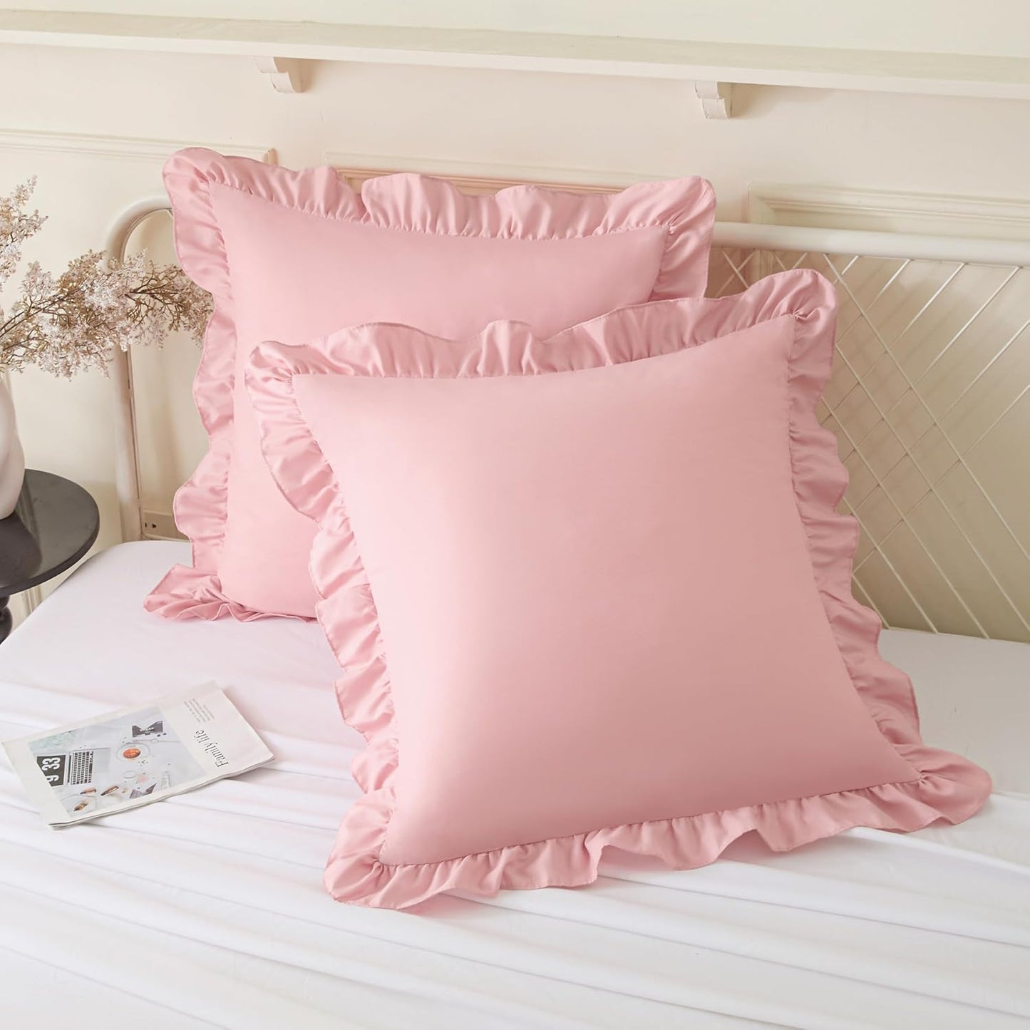KKJIAF Ruffle Pillow Cases 26x26 Inches, White Square Ruffled Pillow Covers Set of 2, Microfiber Wrinkle Resistant Pillow Shams with Envelope Closure for Sofa Bed Living Room
