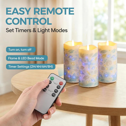 Eywamage Fiber Optic Flameless Pillar Candles with Remote Set of 3, Butterfly Floral Spring LED Candles Battery Operated Gift Φ 3" H 6"