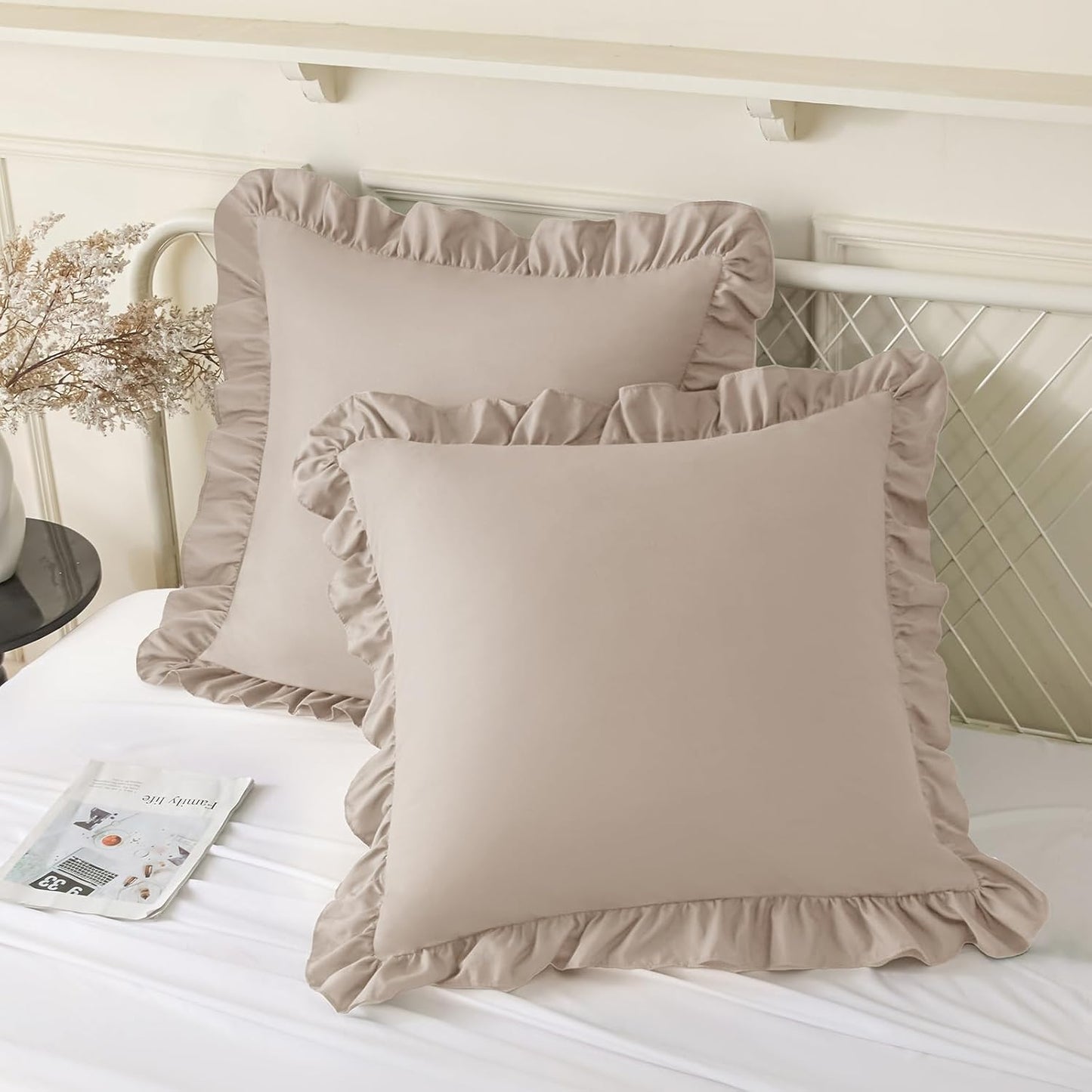 KKJIAF Ruffle Pillow Cases 26x26 Inches, White Square Ruffled Pillow Covers Set of 2, Microfiber Wrinkle Resistant Pillow Shams with Envelope Closure for Sofa Bed Living Room