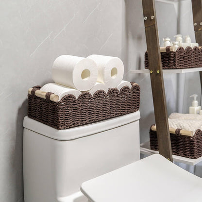CubesLand Paper Rope Scalloped Edge Toilet Paper Storage Basket, Small Living Room, Bedroom Decor Baskets for Over Toilet Storage Shelf, End Table, Shelves and More, with 2 Wooden Handle, Neutral