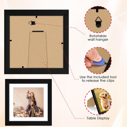 FIXSMITH 8x10 Picture Frame Set of 2, Photo Frame with HD Plexiglass, Display Pictures 5x7 with Mat or 8x10 Without Mat Multi Picture Frames Collage for Tabletop or Wall Display, Black