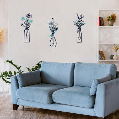 Pigort 3 Pieces Metal Flowers Wall Art- Rustic Farmhouse Decor Minimalist Decor for Living Room Bathroom Bedroom Dining Room, Housewarming Gifts Christmas Decoration(Beige, Vase-C)
