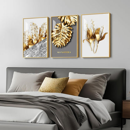 Framed Modern Luxury Gold Wall Art, Set of 3 Piece Contemporary Paintings Artwork for Walls, Golden Prints Pictures with Gold Frame, Wall Decor for Living Room, Hallway, Bedroom, Office 16x24 Inch
