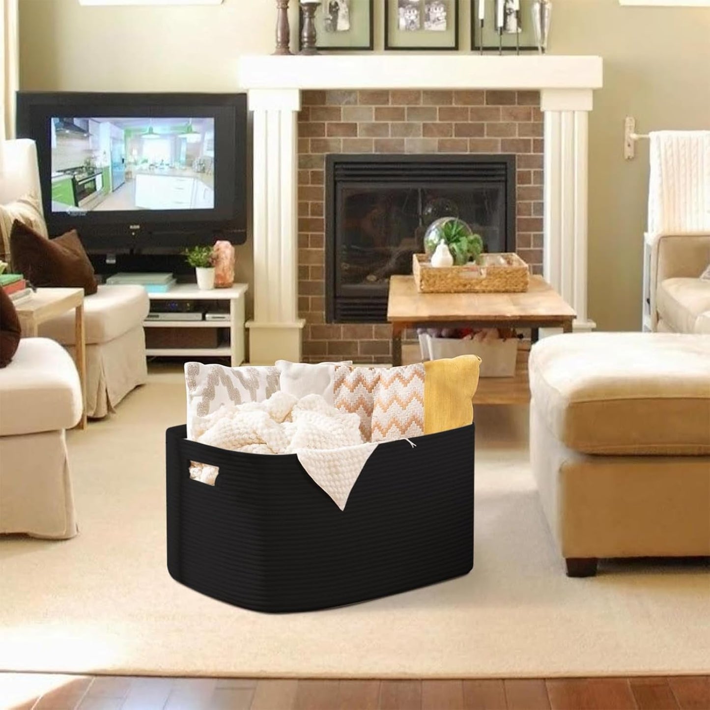OIAHOMY 75L Large Woven Cotton Rope Storage Basket with Handle for Organizing Blanket and Toys for Living Room, Nursery, Brown Variegated 22”x17”x12”