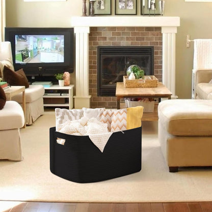 OIAHOMY 75L Large Woven Cotton Rope Storage Basket with Handle for Organizing Blanket and Toys for Living Room, Nursery, Brown Variegated 22”x17”x12”