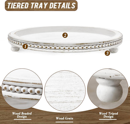 KULEDM Handmade Wooden Decorative Tray, Small Beaded Coffee Table Tray Decor, Sage Round Serving Tray for Coffee Table, Dining Room Table Entryway and Living Room Table