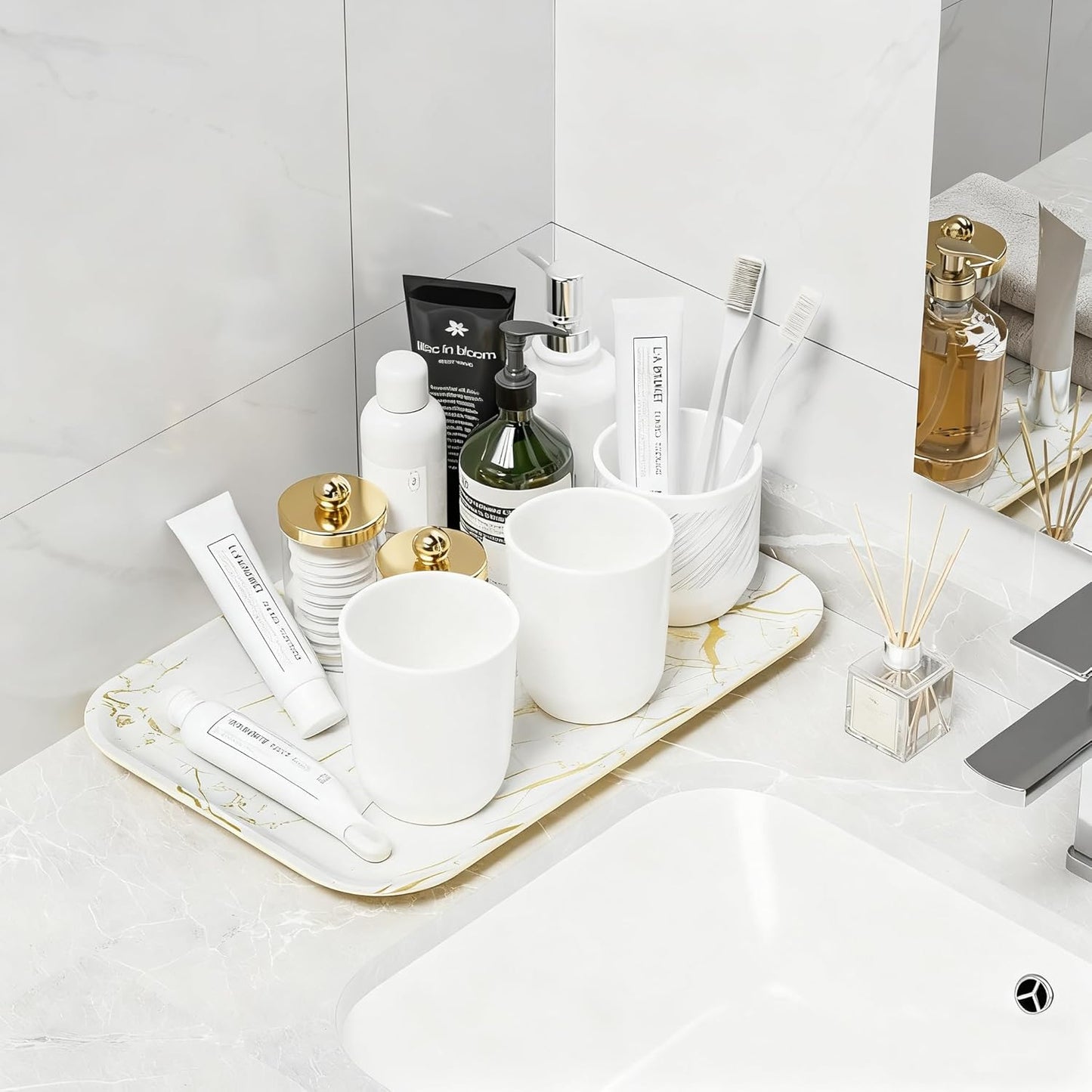 Bathroom Vanity Tray for Countertop - Bamboo Organizer Tray for Dresser Tops, Toilet, Perfume Small Decorative Tray Wood Tray for Home Decoration 11.81” L x 6.1” W x 0.79” H Black