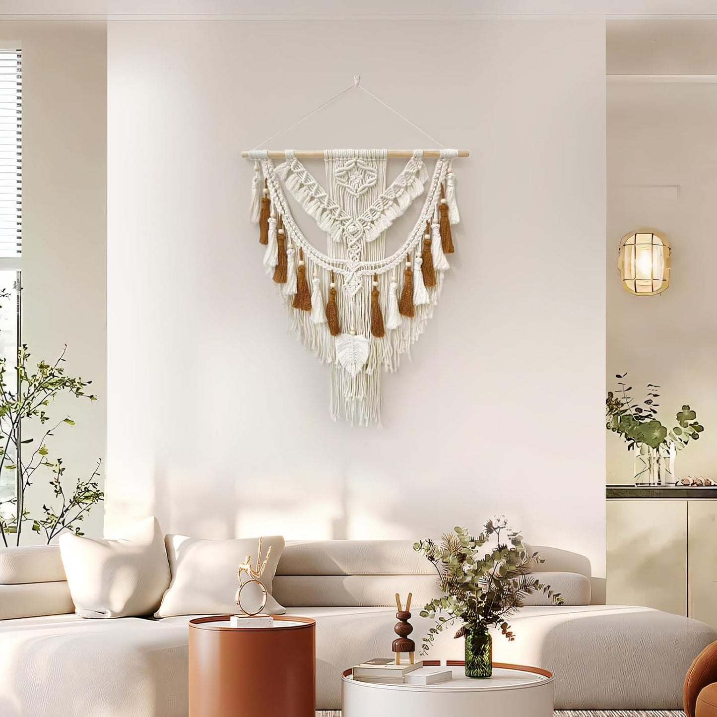 Lokeisna Macrame Wall Hanging, Woven Tapestry Beige & Dusty Rose Handmade Craft Macrame Wall Decor, Gallery & Nursery, Size 37.4” Lx27.5” W