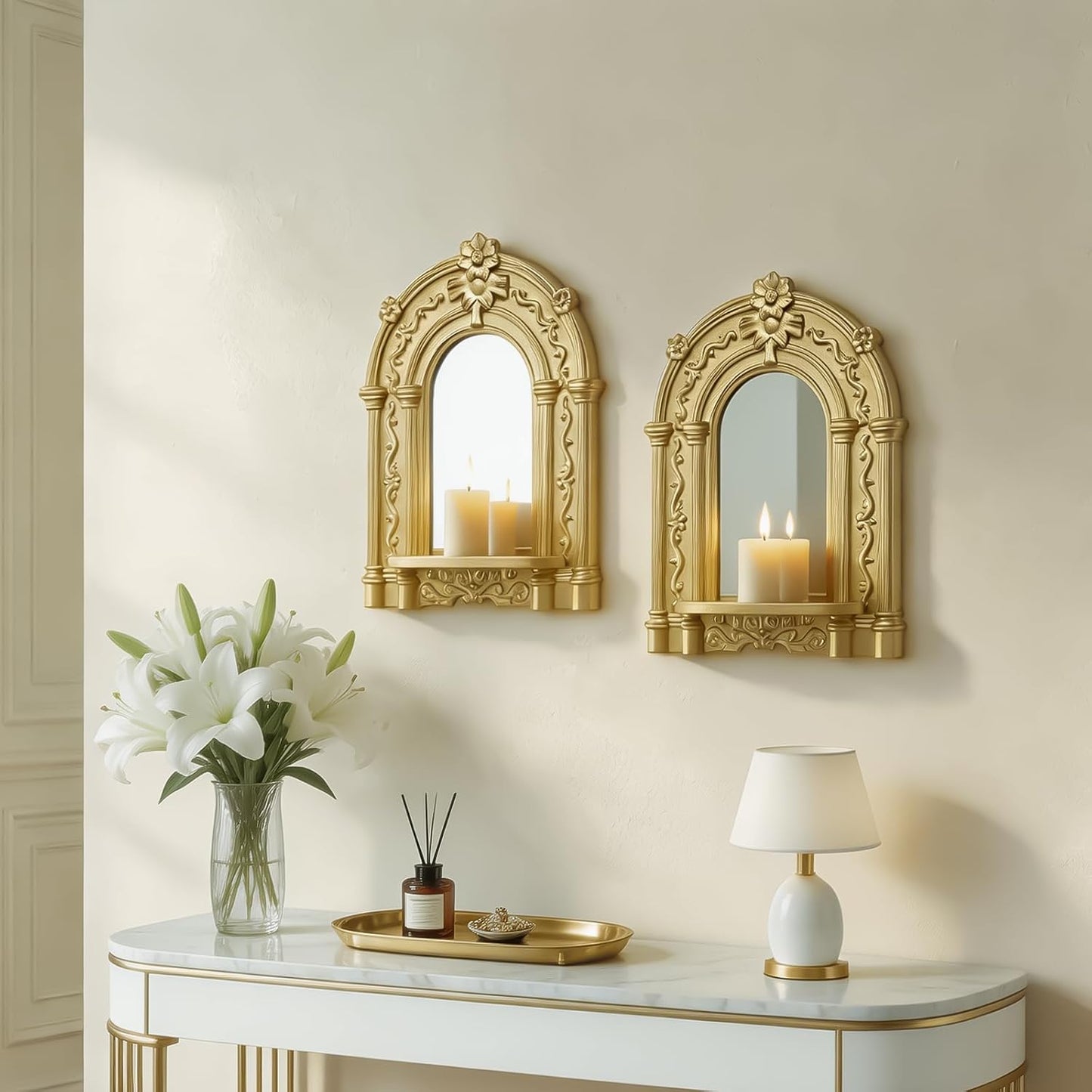 Three-Dimensional Relief Candle Sconces Set 2 Rustic Wall Mount Candle Holders Wood Hanging Wall Decor Mirrored Wall Art Hand Carved Home Decoration Gold