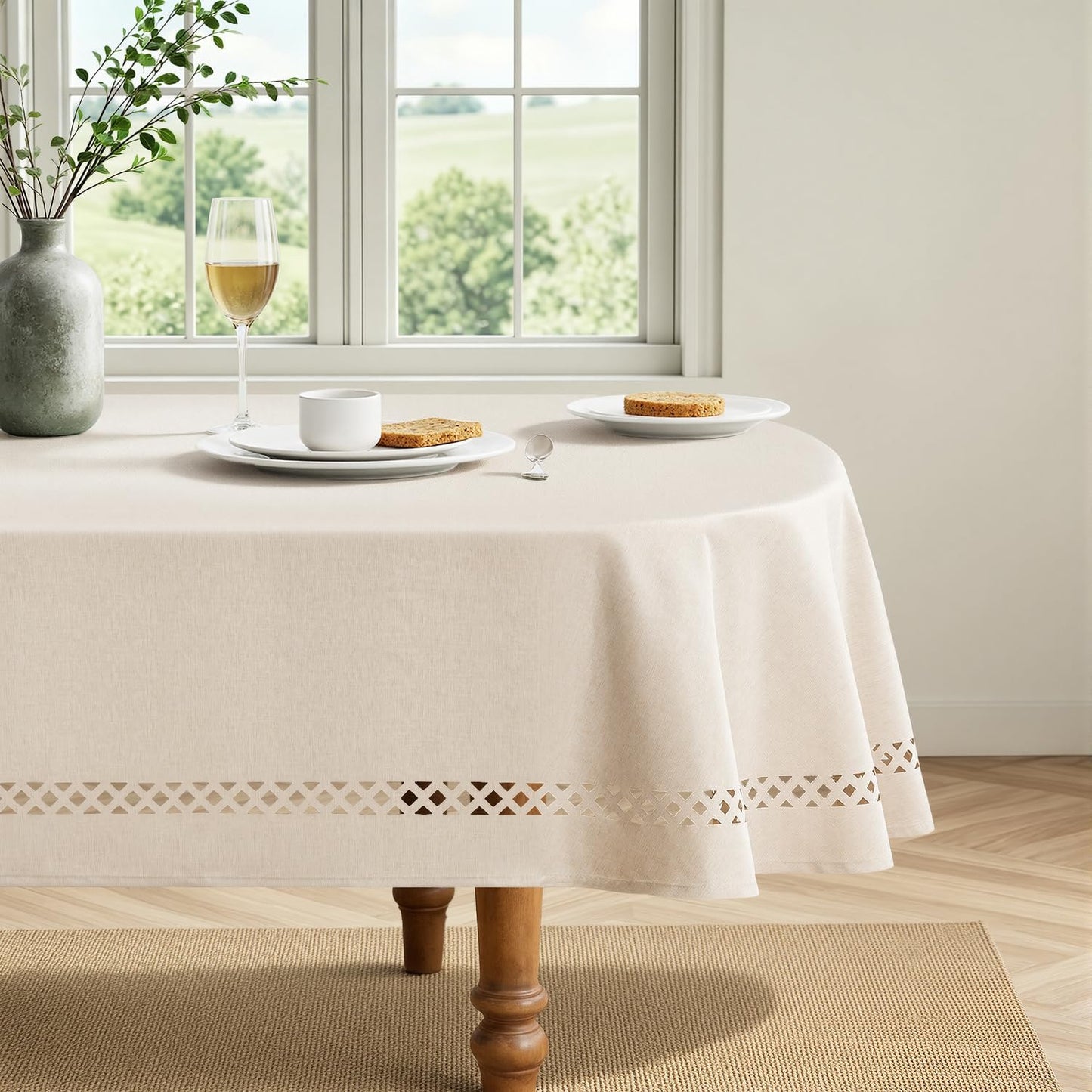 MIULEE Beige Rectangle Linen Polyester Tablecloth with Decorative Cutouts Spring Waterproof Stain Resistant & Shrink-Proof Table Cloth 52x70 inch Farmhouse Style for Dining Wedding and Outdoor