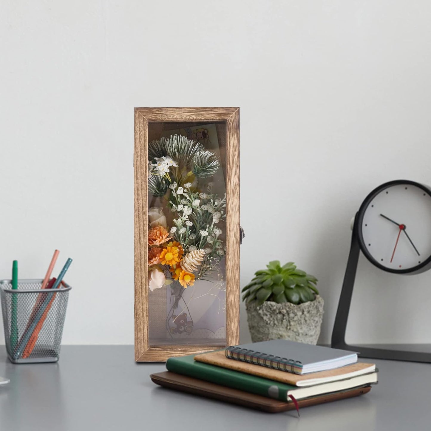 GraduationMall 13x16 Wood Shadow Box Frame Glass Door Display Case with Linen Back and 6 Stick Pins,1.5 inches Interior Depth,Ideal for Memorabilia Pictures Flowers Medals Tickets Rustic White
