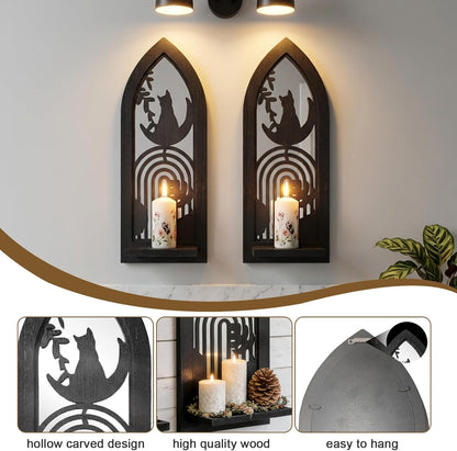 Wood Wall Sconce Candle Holder Set 2, Rustic Wall-Mount Candle Holders, Farmhouse Hanging Wall Décor, Carved Wood Frame, Mirrored Candle Holder (Distressed White)