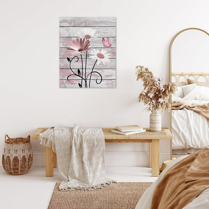 HVEST Farmhouse Floral Wall Art for Living Room, Blue and White Daisy Flower and Butterfly on Rustic Wood Board Canvas Wall Art Framed Artwork Ready to Hang for Bathroom Bedroom Decor, 16L X 12W