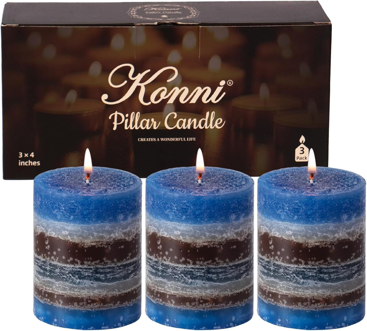 KONNI Coffee Layered Pillar Candles Set of 3, 3"x 4" Unscented Pillar Candles Bulk, 39 Hours Long Burning Candles, Smokeless&Dripless Round Candle for Wedding, Home Decoration, Parties, Spas, Dinner