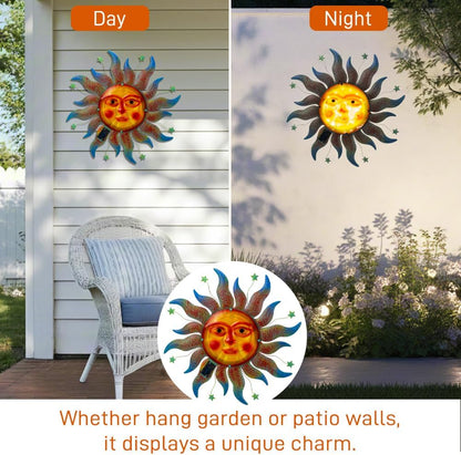 Large Metal Sun Wall Decor Outdoor, 27 Inch Sun and Moon Decor Metal Wall Art, 3D Sun Wall Decor for Patio Garden Yard Fence Bedroom Living Room Decoration