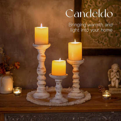 Candeldo Wood Candle Holders for Pillar: Rustic Candles Holder Set of 3 Tall Table Centerpiece Shabby Chic Decor Wooden White Farmhouse Decorations for Fireplace Mantle