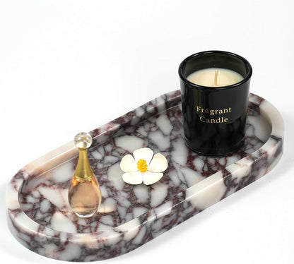 Marble Perfume Tray with Legs - Oval Decorative Stone Pedestal for Bathroom Vanity Coffee Table Kitchen Countertop, Footed Jewelry Candle Organizers Catchall Plate Riser with Scalloped Feet