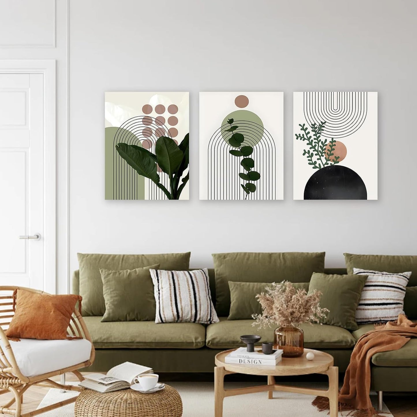 Sage Green Boho Wall Art Set of 3, Minimalist Framed Wall Art Geometric Line Leaf Sun Moon Beige Green Canvas Artwork Paintings, Abstract Botanical Boho Room Decor, Office, 12"x16"