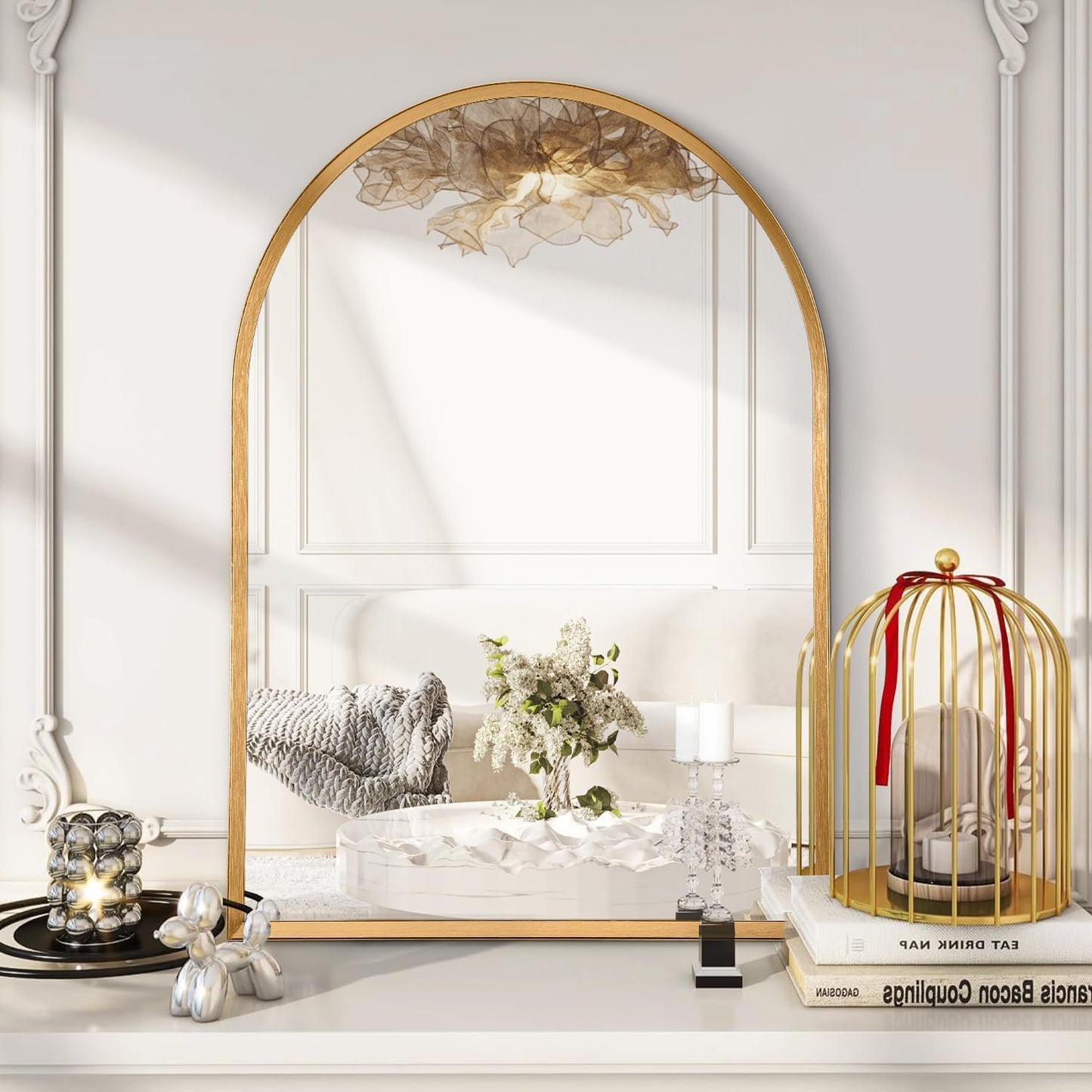 Black Arched Mirror, Modern Bathroom Wall Mirror Aluminum Alloy Framed Mirror Brushed Metal Vanity Wall Mounted Mirror for Livingroom Bedroom Entryway Room 16"x12"