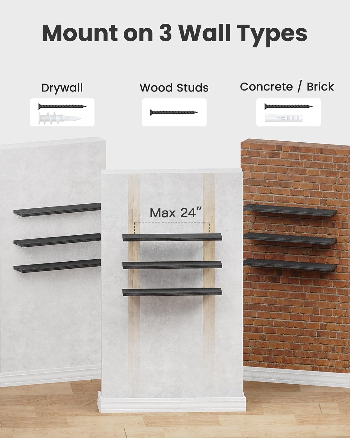 AMADA HOMEFURNISHING Floating Shelves, Wall Shelves for Bathroom/Living Room/Bedroom/Kitchen Decor, White Shelves with Invisible Brackets Set of 3 - AMFS08