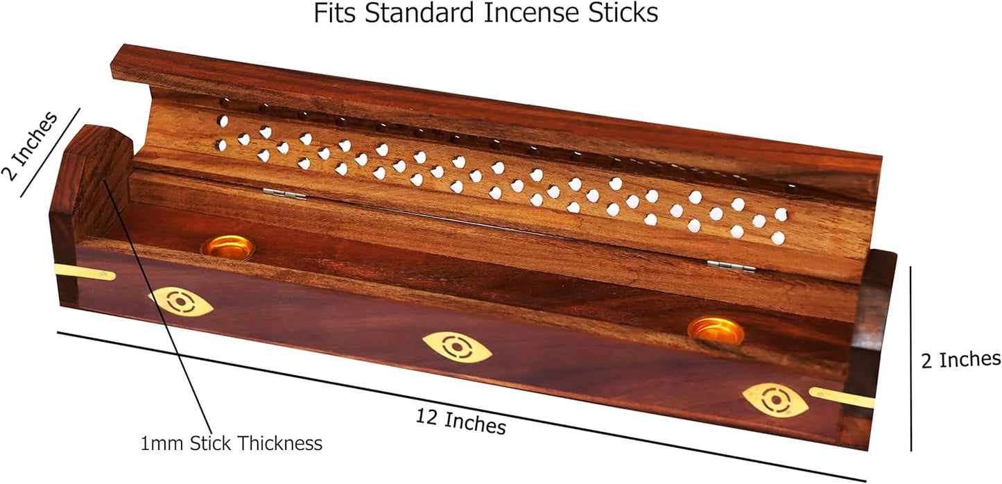 Sheesham Wood Incense Burner - Handmade Coffin Style Sun and Moon Inlay Incense Holder - Aromatherapy Room Freshener Cone Incense Stick Burner Ash Catcher - Zen Home Gift - 12x2x2 - COTTON CRAFT