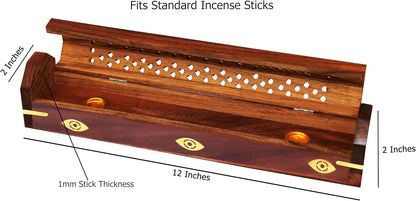 Sheesham Wood Incense Burner - Handmade Coffin Style Sun and Moon Inlay Incense Holder - Aromatherapy Room Freshener Cone Incense Stick Burner Ash Catcher - Zen Home Gift - 12x2x2 - COTTON CRAFT