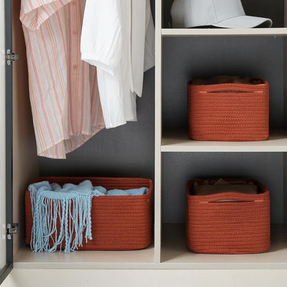 3-Pack Small Storage Baskets for Organizing | Woven Shelf Toy Basket | Rope Baskets for Gifts Empty | Closet Organizer Bins with Handles | Cube Decorative Box | 11.8×7.8×5.1” | Mixed brown