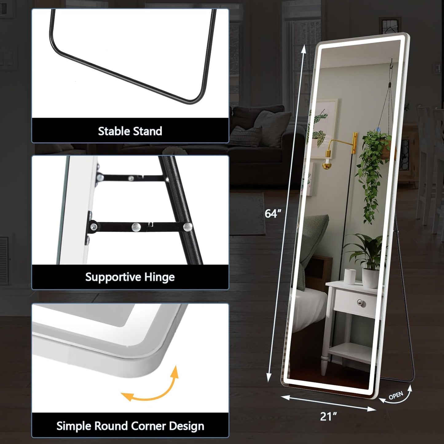 DUMOS Full Length Mirror 64"x21" Full Body Floor Mirror for Bedroom or Cloakroom, Can Stand Alone, Hang or Lean Against Wall, Tall Wall Mirror with Stand, Black