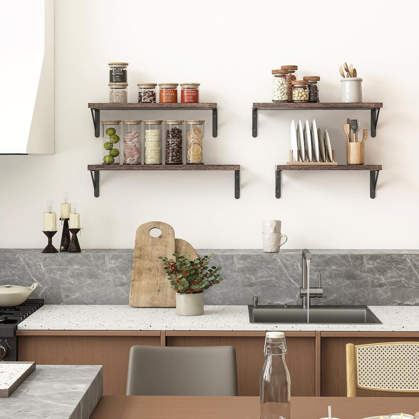 YGEOMER Floating Shelves for Wall, Different Sizes Dark Carbonized Brown Wall Shelves for Living Room, Bathroom, Bedroom, Kitchen, Home Decor (Set of 4)
