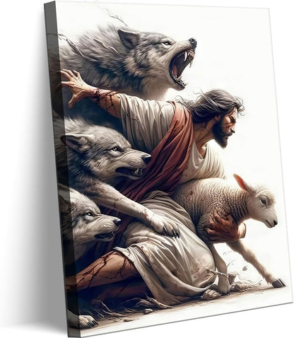 Abstract Jesus Walking on Water Canvas Wall Art Christian Spiritual Wall Decor Pictures Divine Light Modern Religious Posters Prints for Living Room Bedroom Church Decoration 12x16in