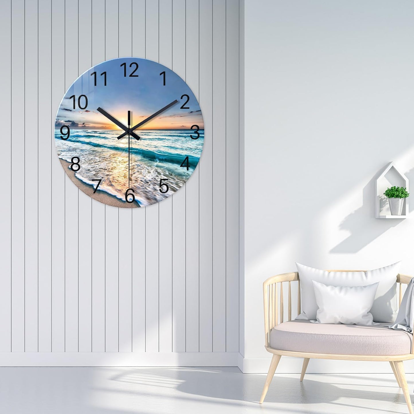 Beach Wall Clock Battery Operated 12 Inch Glass Wall Clock Non Ticking Analog Blue Wall Clocks for Bedroom Living Room Office Decor