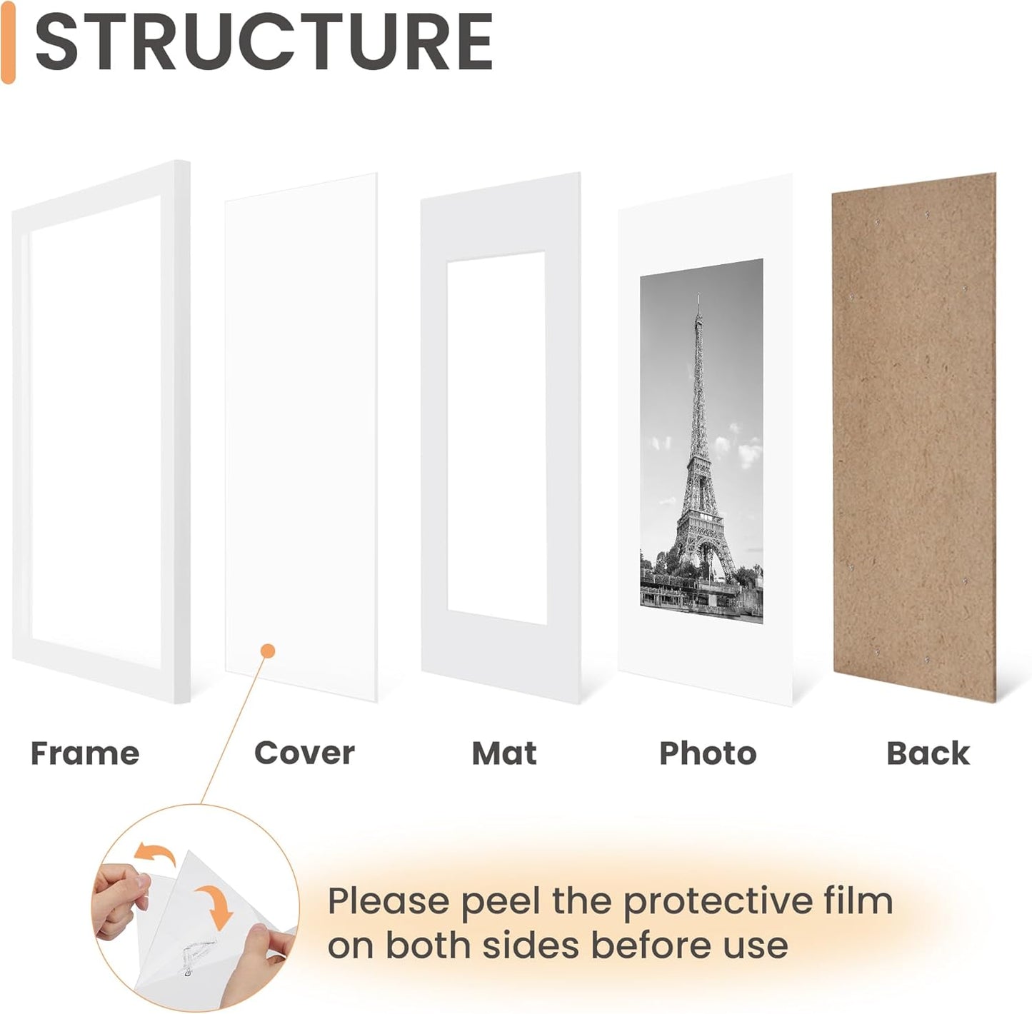 upsimples 11x14 Picture Frame Set of 5, Display Pictures 8x10 with Mat or 11x14 Without Mat, Wall Gallery Photo Frames, Black