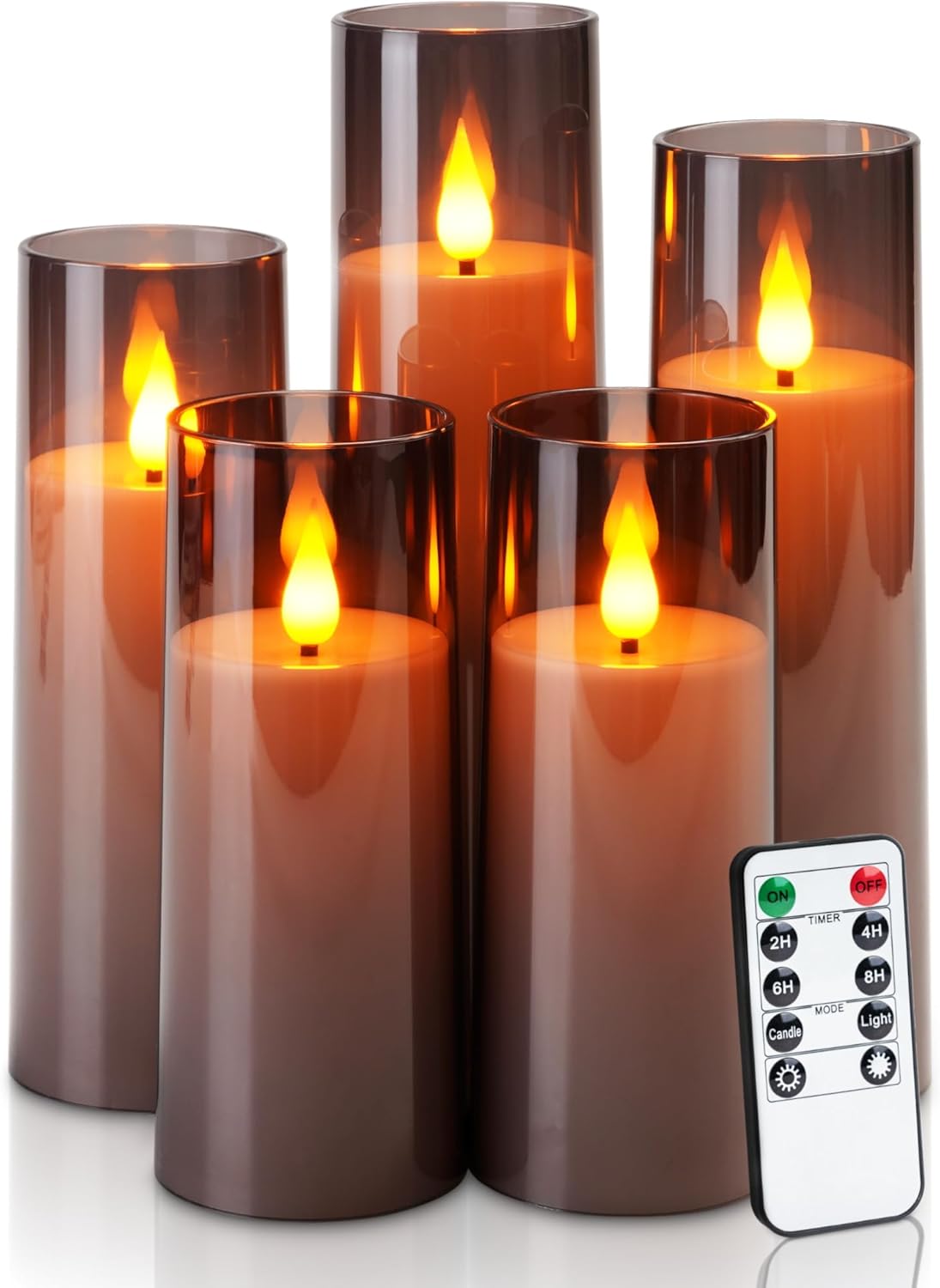 Amagic Pure White Flameless Candles, Battery Operated Candles, Acrylic Flickering LED Pillar Candles with Remote Control and Timer, 3D Wick, Yellow and Blue Glow, D2.2 xH5 5" 6" 7" 8", Set of 5
