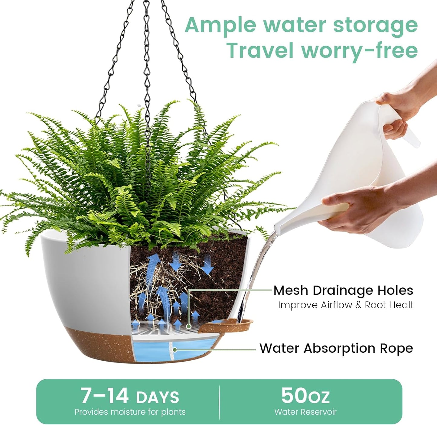 UOUZ 13 Inch 2 Pack Large Self Watering Hanging Planters for Indoor Outdoor Plants, Hanging Plant Pots with Removable 50 Oz Reservoir, Plastic Hanging Basket for Window Porch Garden Balcony, Black