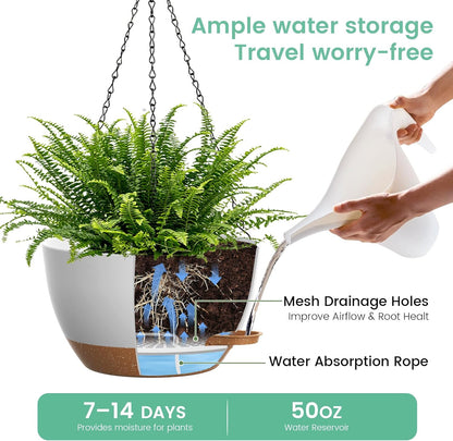 UOUZ 13 Inch 2 Pack Large Self Watering Hanging Planters for Indoor Outdoor Plants, Hanging Plant Pots with Removable 50 Oz Reservoir, Plastic Hanging Basket for Window Porch Garden Balcony, Black