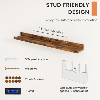 FLYJOE Picture Ledge Shelf, Floating Shelves Set of 2, 48 Inches Long Large Nursery Book Shelves for Toys Storage, Kids Bookshelf Wall Mounted for Living Room Bedroom Decor Books Photo Frames, Walnut
