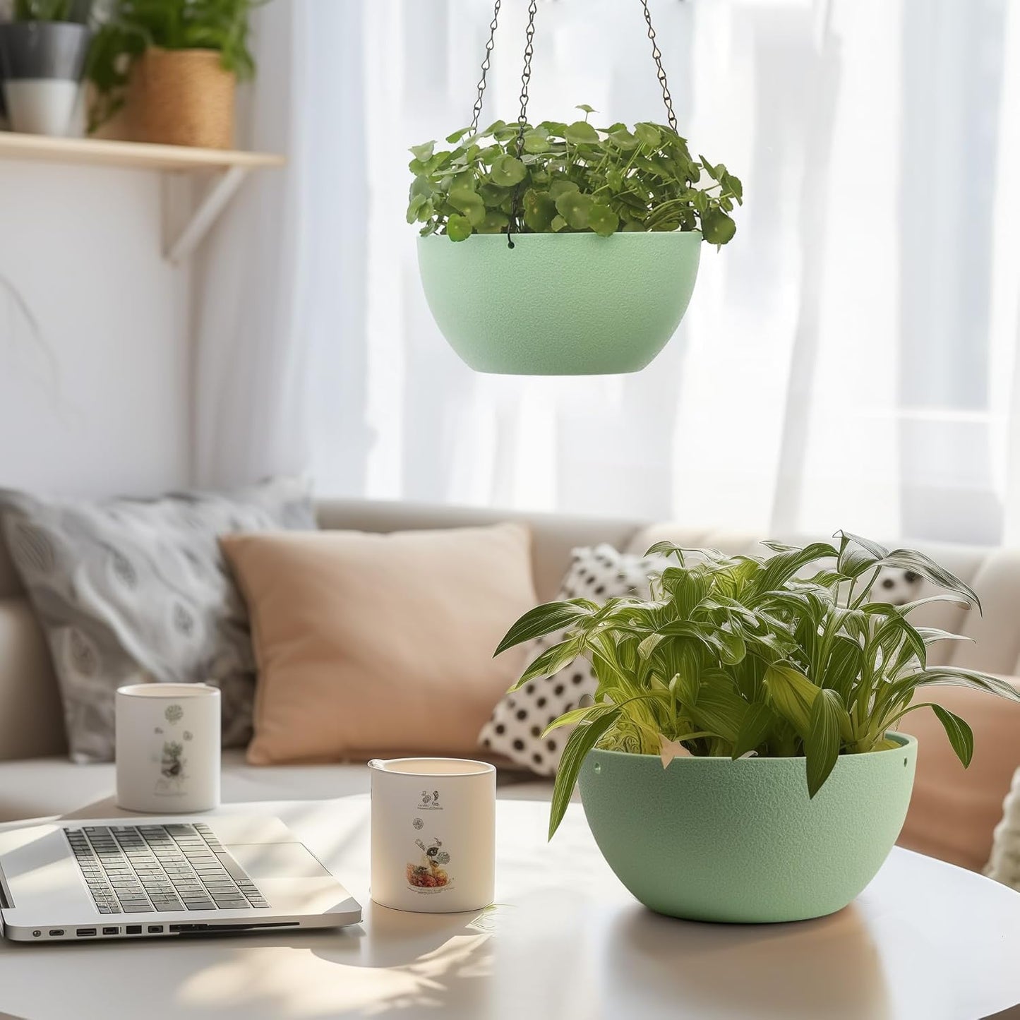 T4U Hanging Planters for Indoor Plants, 10 Inch Hanging Planter Outdoor 2 Pack, Hanging Basket with Drainage Holes, Hanging Plant Holder Indoor, Flower Pots, Plant Pots for Garden, Grey