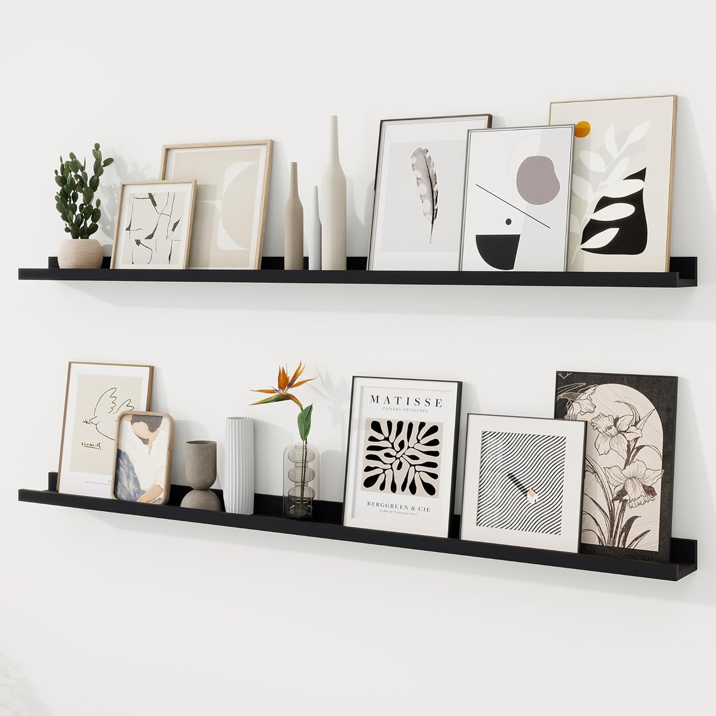RICHFOCUS Picture Ledge Shelf, 24 inch Floating Shelves Set of 2, Wood Wall Shelves with Lip, Wall Decor Storage for Bedroom Living Room Bathroom Kitchen Nursery Photo Picture, Walnut