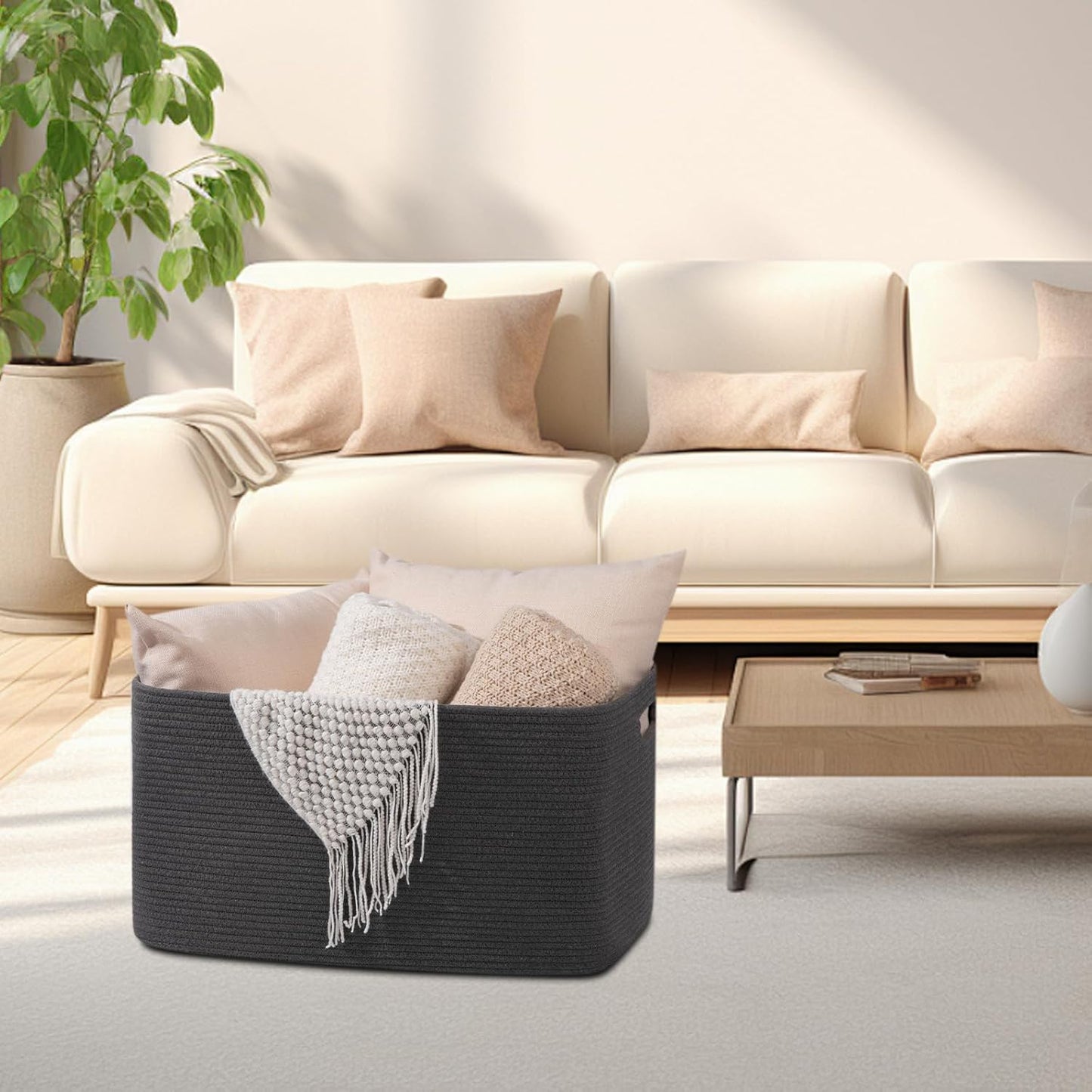 OIAHOMY 75L Large Woven Cotton Rope Storage Basket with Handle for Organizing Blanket and Toys for Living Room, Nursery, Brown Variegated 22”x17”x12”