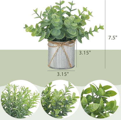 Mkono 4 Packs Small Fake Plants in Farmhouse Galvanized Pots Table Centerpiece Mini Potted Artificial Plants Faux Eucalyptus for Shelf Office Rustic Home Decor (White, Mini-6" H)